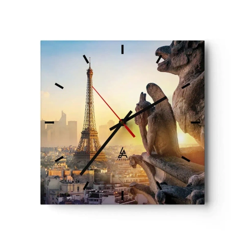 Orologio da parete - Orologio in Vetro - Vista della Torre Eiffel con i gargoyle sullo sfondo - 30x30cm - Tante cose sono cambiate... - Decorazione murale moderna per soggiorno e camera da letto ARTTOR