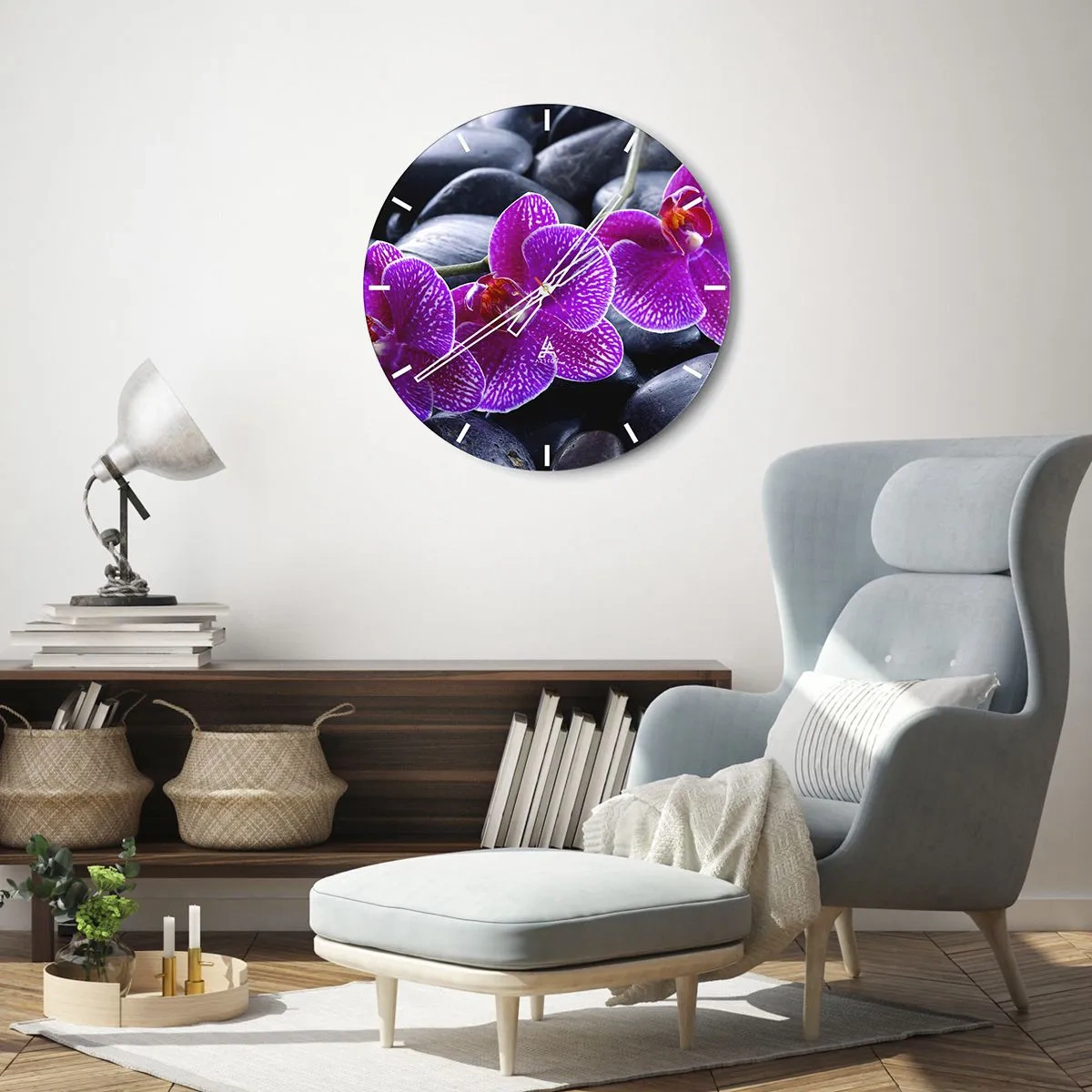Orologio da parete - Orologio in Vetro - Orchidee viola su uno sfondo di pietre nere - 30x30cm - Le pietre brillano di ammirazione - Decorazione murale moderna per soggiorno, cucina e camera da letto ARTTOR
