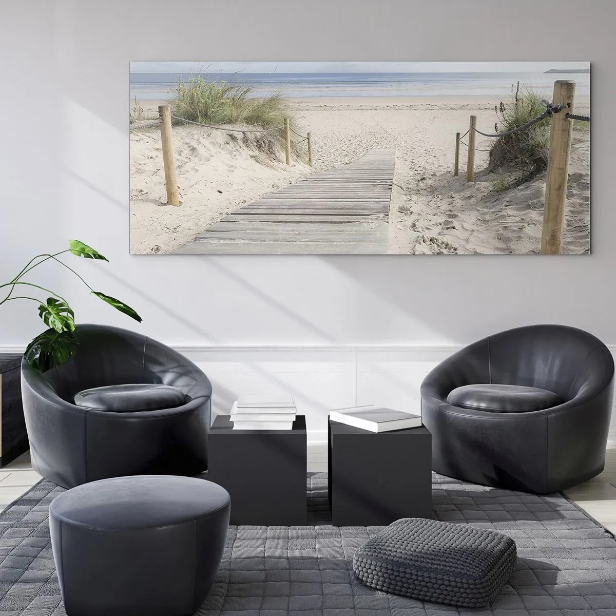 Quadro su vetro - Un sentiero di assi che conduce a una spiaggia sabbiosa - 140x50cm - Fino all'orizzonte - Decorazione murale moderna per soggiorno e camera da letto ARTTOR