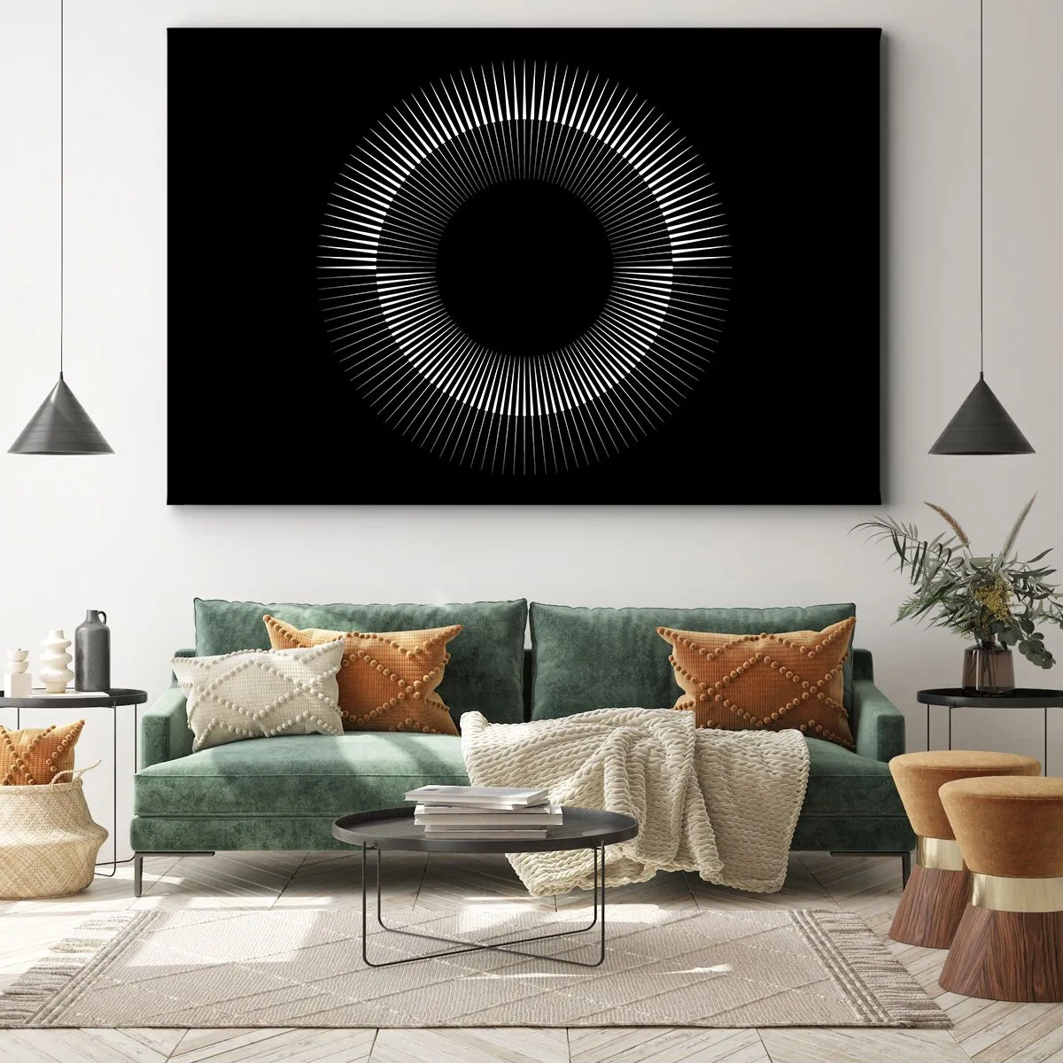 Quadro su tela - Stampe su Tela - Cerchio grafico con raggi in bianco e nero - 70x50cm - Sole nero - Decorazione murale moderna per soggiorno e camera da letto ARTTOR