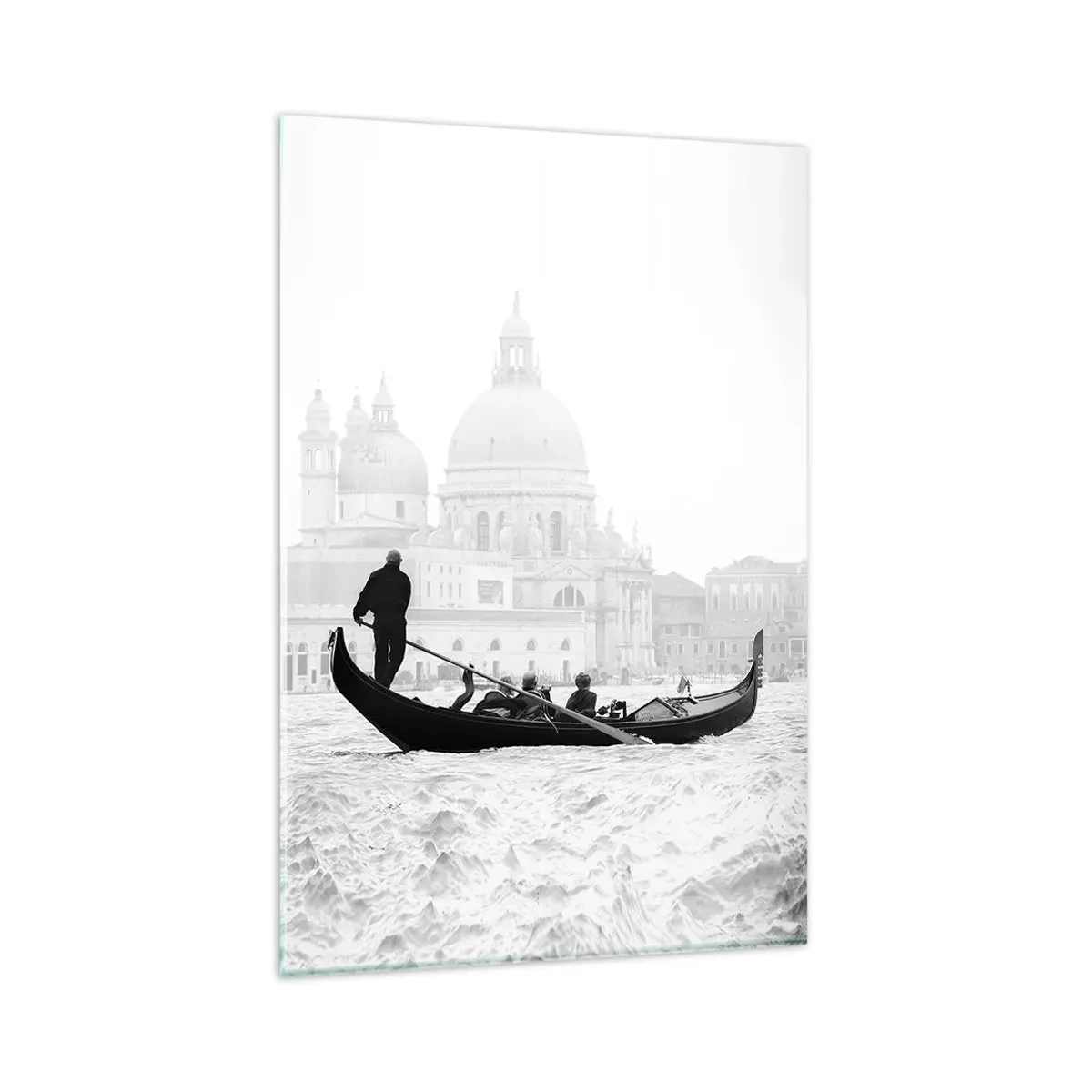 Quadro su vetro - Una gondola con la basilica sullo sfondo in bianco e nero - 80x120cm - Viaggio alla fonte della bellezza - Decorazione murale moderna per soggiorno e camera da letto ARTTOR