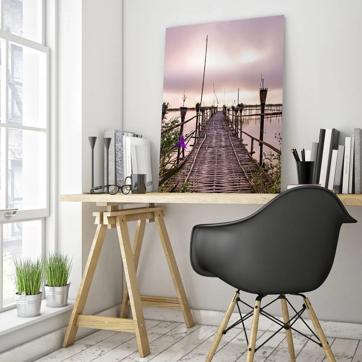 Quadro su vetro - Ponte di bambù sull'acqua all'alba - 80x120cm - Pace e silenzio dell'Asia - Decorazione murale moderna per soggiorno e camera da letto ARTTOR