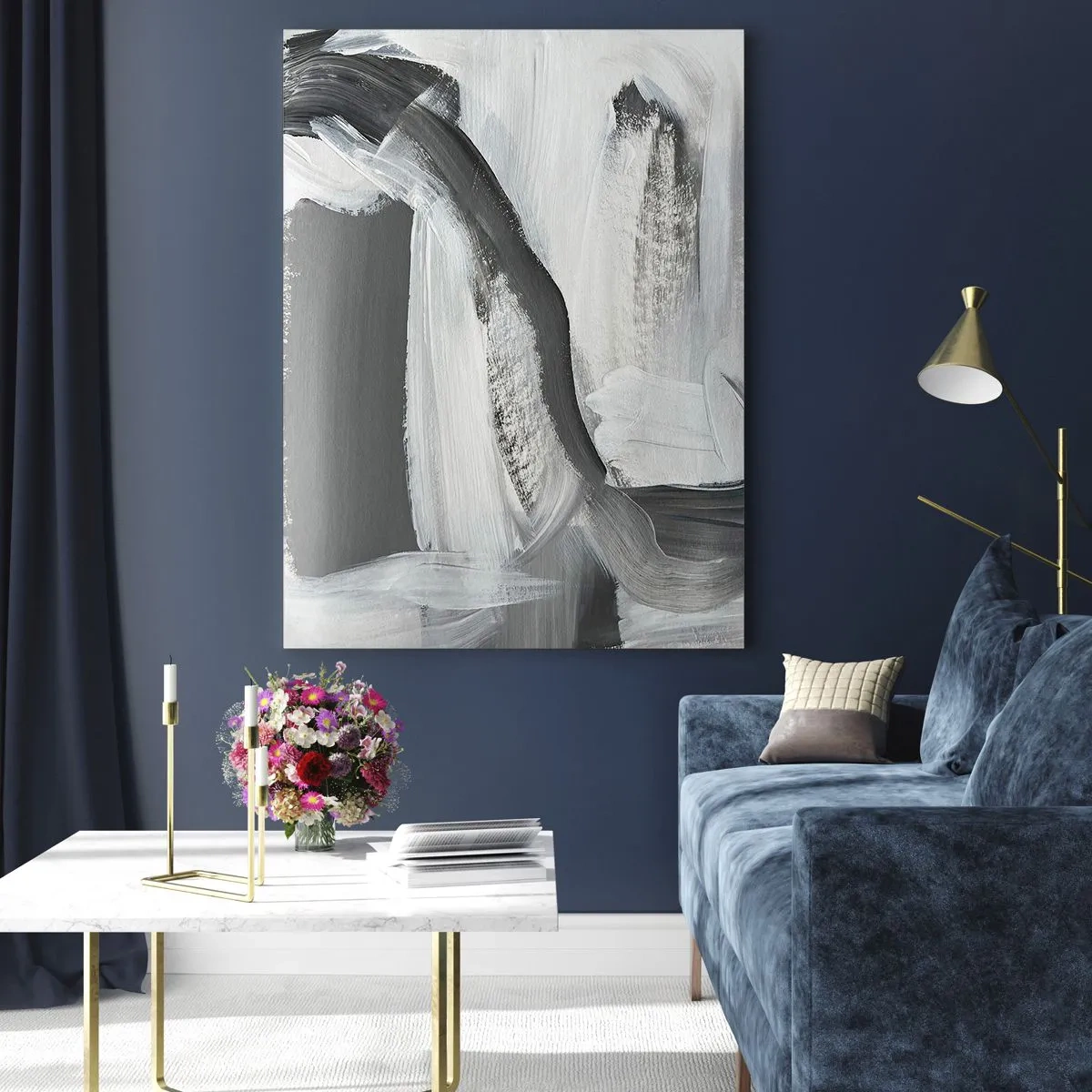 Quadro su vetro - Astrazione grigia e bianca con linee dinamiche - 80x120cm - Movimento deciso - Decorazione murale moderna per soggiorno e camera da letto ARTTOR