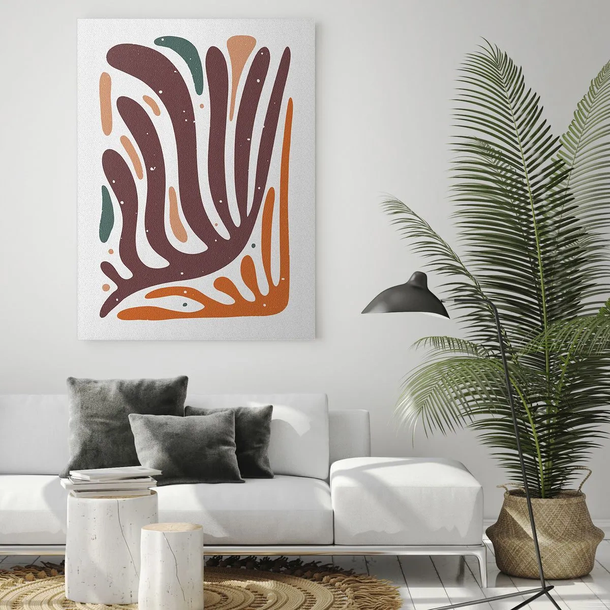 Quadro su vetro - Forme astratte nei toni del marrone e dell'arancione che si irradiano su uno sfondo bianco - 50x70cm - Composizione organica raggiante - Decorazione murale moderna per soggiorno e camera da letto ARTTOR