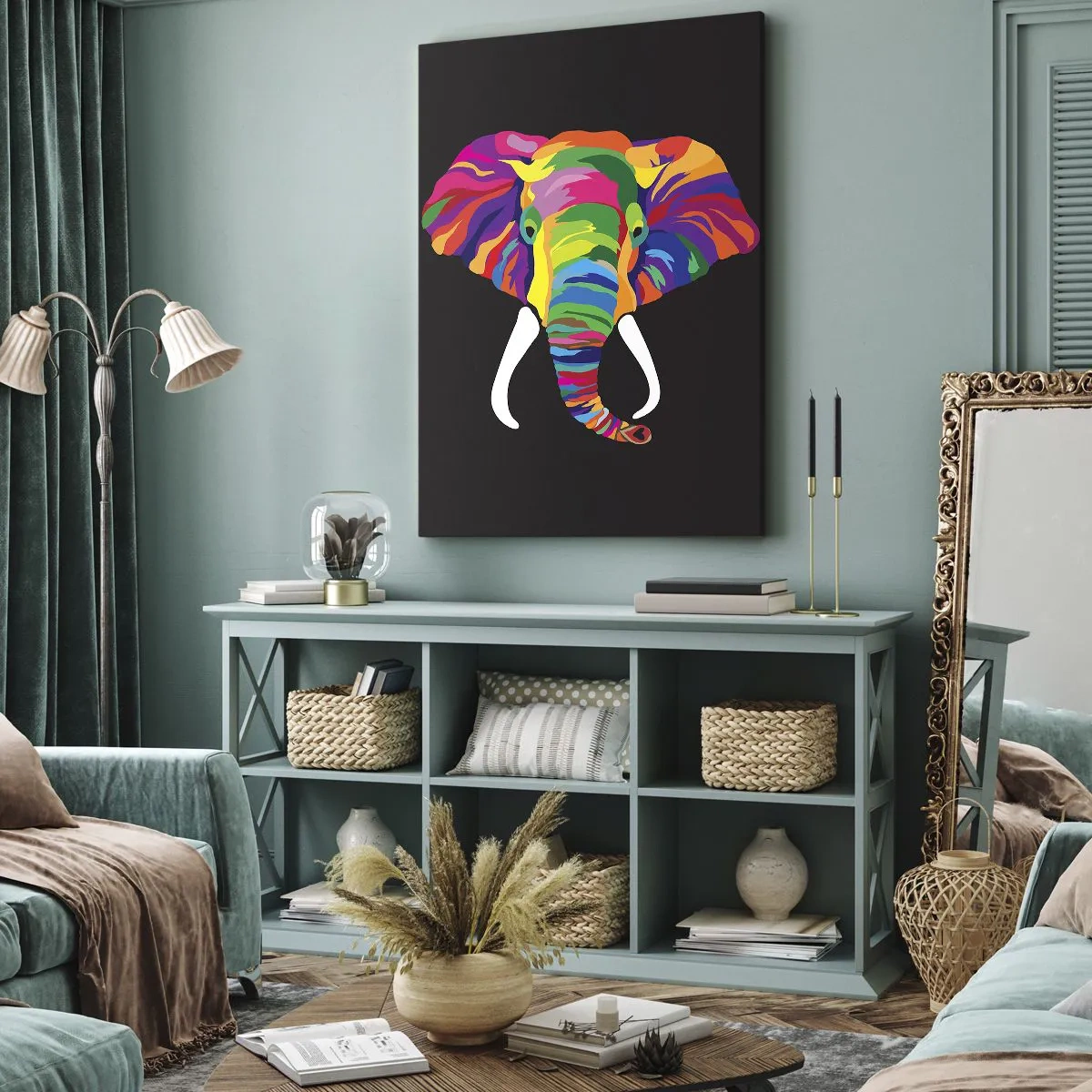 Quadro su tela - Stampe su Tela - L'elefante che faceva il bagno nell'arcobaleno - 65x120 cm