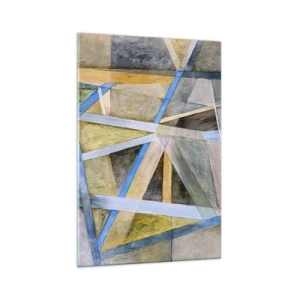 Quadro su vetro - Composizione geometrica con linee chiare e blu - 70x100cm - Dritto o obliquo? - Decorazione murale moderna per soggiorno e camera da letto ARTTOR