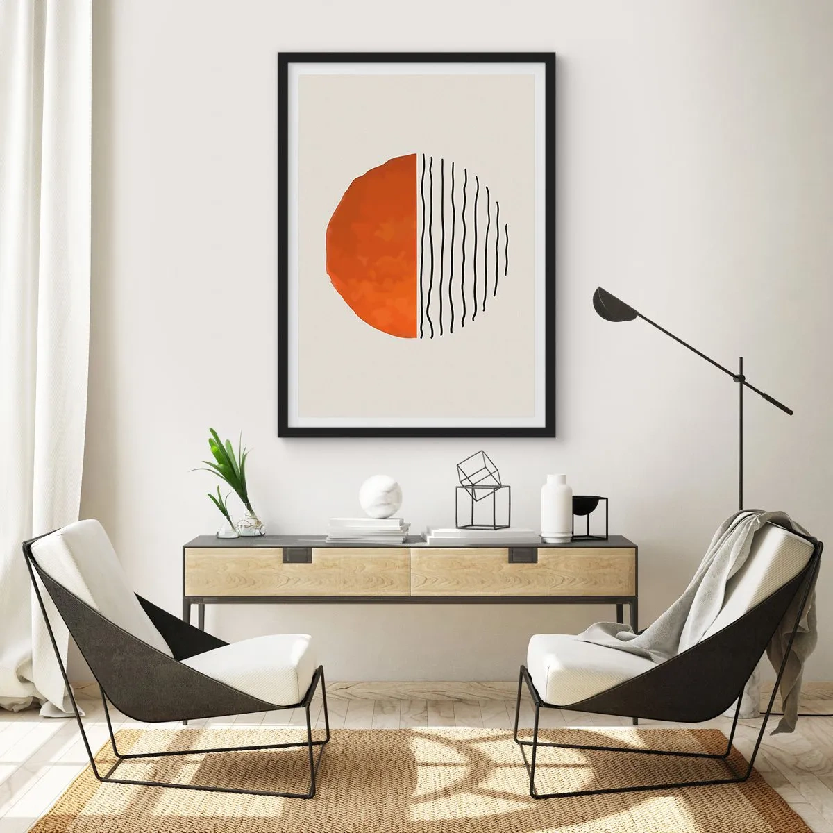 Poster in cornice nera - Cerchio astratto con metà arancione e lineare - 50x70cm - Atmosfera giapponese - Decorazione murale moderna per soggiorno e camera da letto ARTTOR