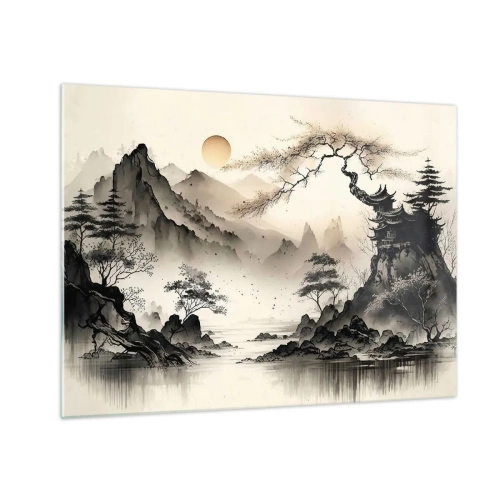 Quadro su vetro - Paesaggio montano orientale con pagoda e alberi - 70x50cm - Il fascino irripetibile dell'oriente - Decorazione murale moderna per soggiorno e camera da letto ARTTOR