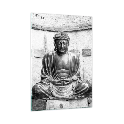 Quadro su vetro - Statua in bianco e nero del Buddha in posa meditativa - 50x70cm - Alla fonte della pace - Decorazione murale moderna per soggiorno e camera da letto ARTTOR