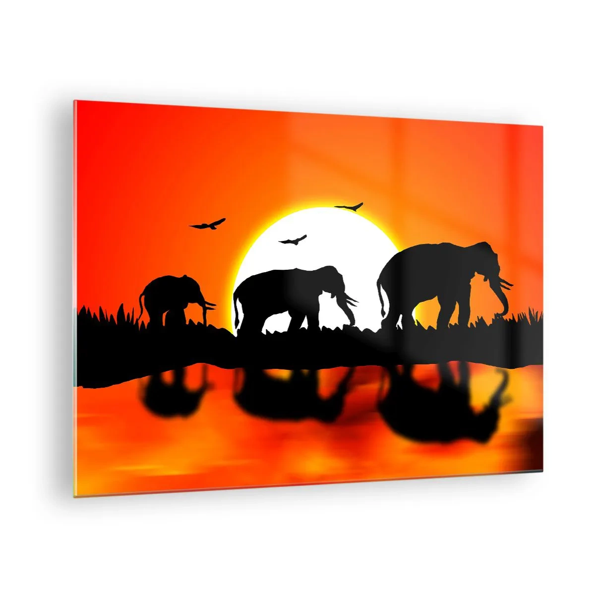 Quadro su vetro - Sagome di elefanti contro il sole al tramonto - 70x50cm - Un piccolo drink la sera - Decorazione murale moderna per soggiorno e camera da letto ARTTOR