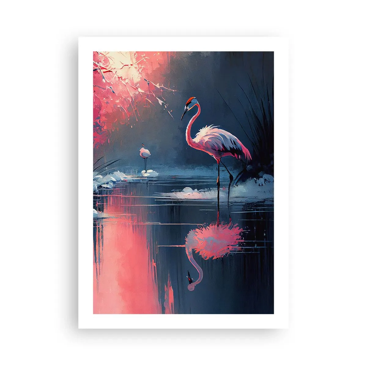 Poster - Fenicotteri su un lago calmo - 50x70cm - L'eremo degli uccelli - Decorazione murale moderna per soggiorno e camera da letto ARTTOR