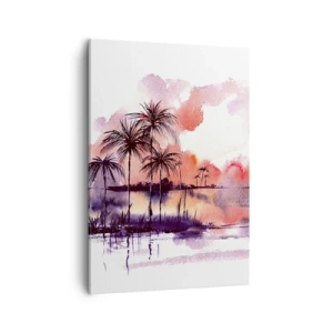 Quadro su tela - Stampe su Tela - Paesaggio tropicale con palme al tramonto in acquerello - 50x70cm - Pace dei tropici in rosso - Decorazione murale moderna per soggiorno e camera da letto ARTTOR