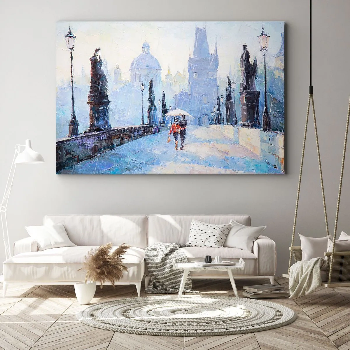 Quadro su tela - Stampe su Tela - Coppia romantica su un ponte sotto la pioggia, una scena pittorica - 120x80cm - La pioggia ci ha incantati - Decorazione murale moderna per soggiorno e camera da letto ARTTOR