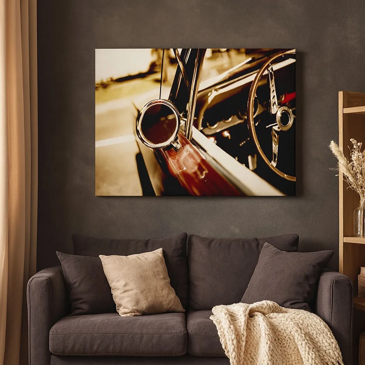 Quadro su tela - Stampe su Tela - Primo piano dello specchietto e degli interni di un'auto retrò classica - 70x50cm - Auto con un'anima - Decorazione murale moderna per soggiorno e camera da letto ARTTOR