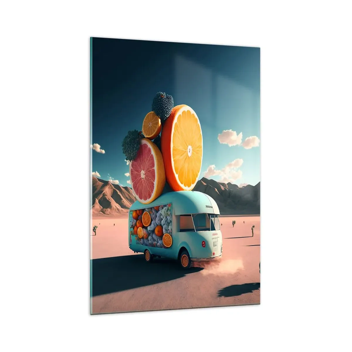 Quadro su vetro - Camion della frutta in un paesaggio desertico - 70x100cm - Il sapore delle vacanze - Decorazione murale moderna per soggiorno e camera da letto ARTTOR