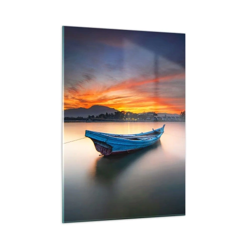 Quadro su vetro - Barca di legno sul lago al tramonto - 50x70cm - Viene una notte buona - Decorazione murale moderna per soggiorno e camera da letto ARTTOR