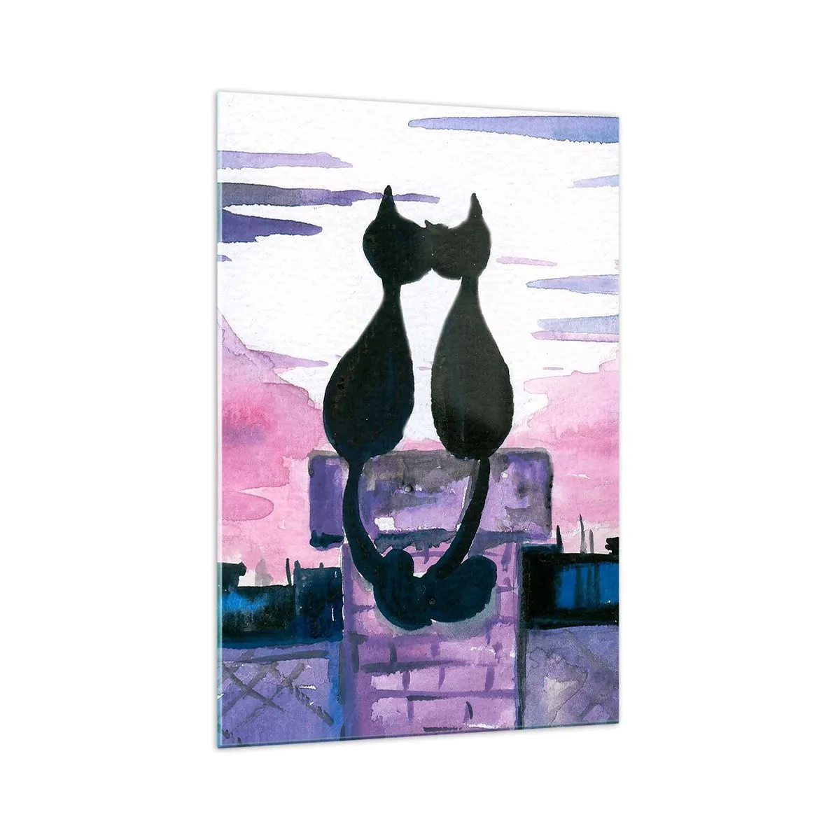 Quadro su vetro - Gatti neri su un tetto al chiaro di luna in un ambiente acquerello - 70x100cm - Appuntamento sotto la luna - Decorazione murale moderna per soggiorno e camera da letto ARTTOR