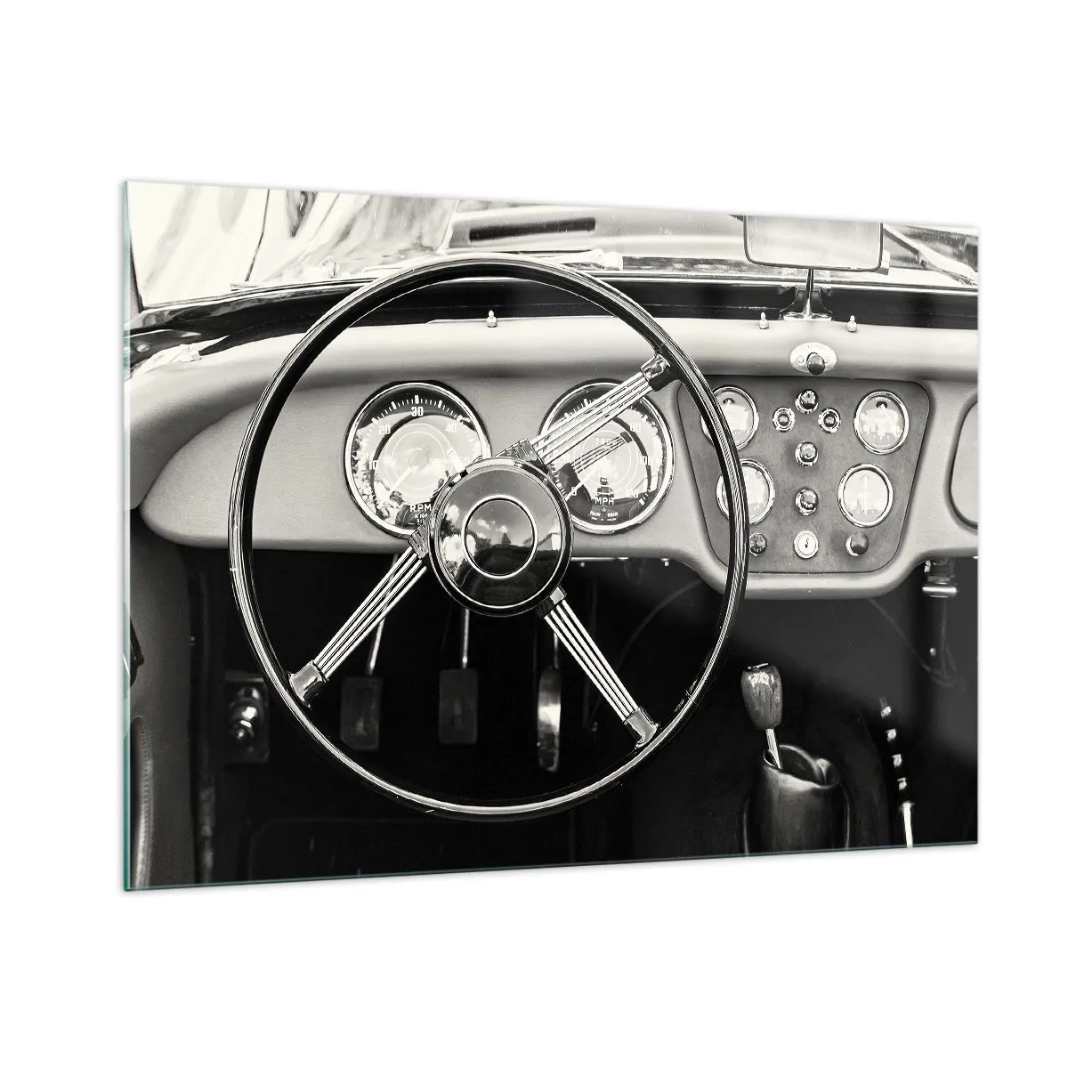 Quadro su vetro - Il volante e gli orologi di un'auto d'epoca in seppia - 100x70cm - Il sogno del collezionista - Decorazione murale moderna per soggiorno e camera da letto ARTTOR