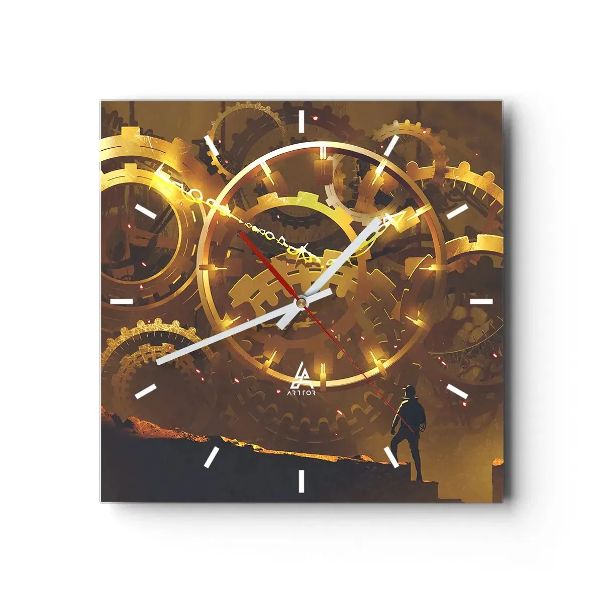 Orologio da parete - Orologio in Vetro - Ingranaggi dorati in un ambiente surreale con una figura - 30x30cm - Alla fonte del tempo - Decorazione murale moderna per soggiorno e camera da letto ARTTOR