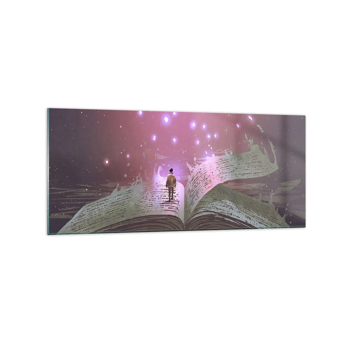 Quadro su vetro - Una figura cammina su un libro aperto in una luce magica. - 120x50cm - Invito ad un altro mondo: leggi! - Decorazione murale moderna per soggiorno e camera da letto ARTTOR