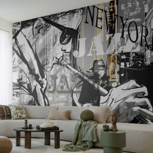 Fotomurali Premium Sand - Le vibrazioni jazz di New York in bianco e nero - 100x70cm - Al ritmo di New York - Decorazione murale moderna per soggiorno e camera da letto ARTTOR