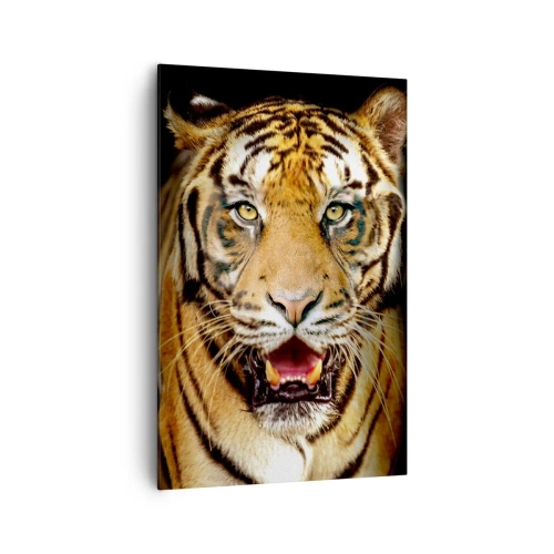 Quadro su tela - Stampe su Tela - Una tigre con la bocca aperta su uno sfondo nero - 80x120cm - Cuore selvatico - Decorazione murale moderna per soggiorno e camera da letto ARTTOR