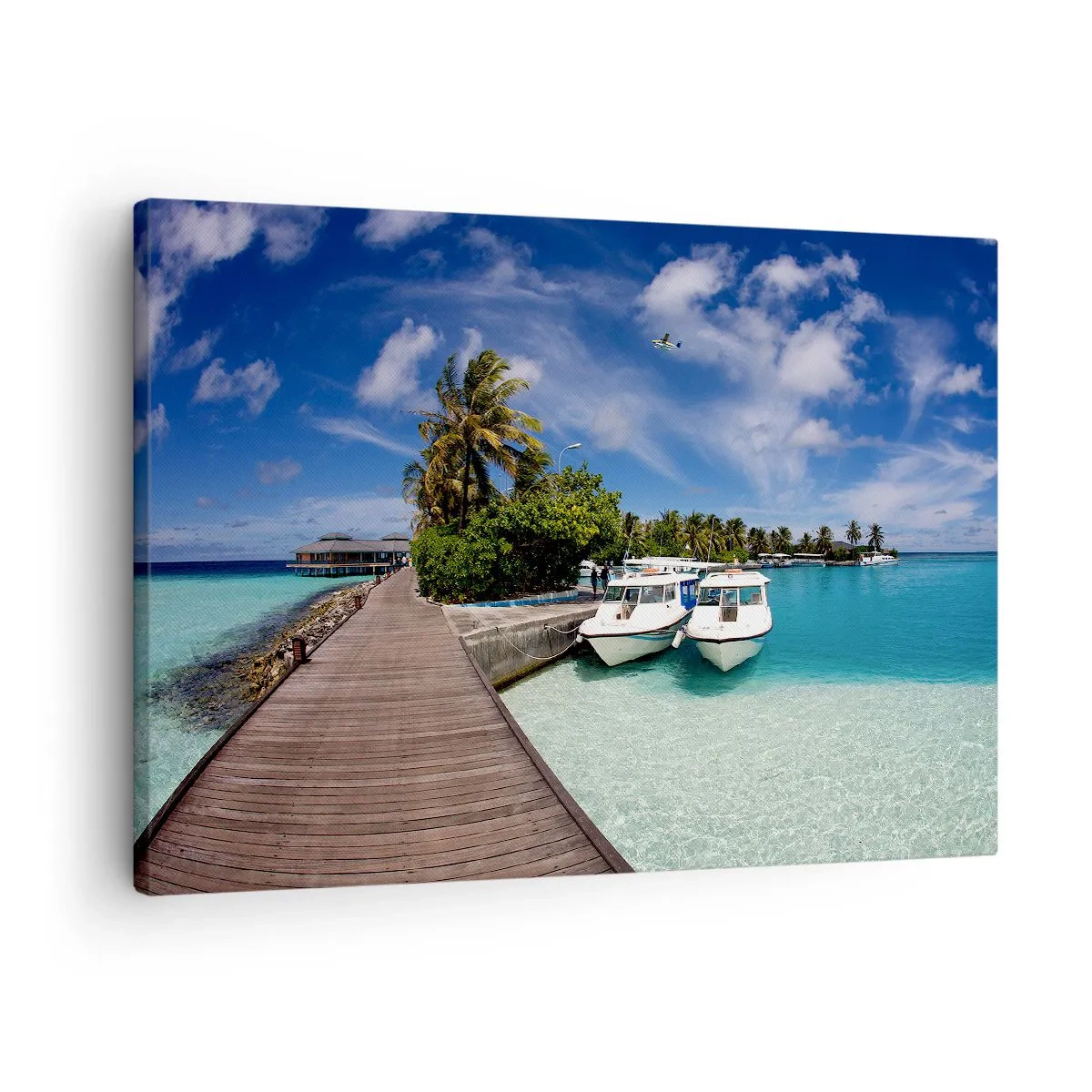 Quadro su tela - Stampe su Tela - Un molo su un mare turchese con barche e palme - 70x50cm - Il paradiso esiste davvero - Decorazione murale moderna per soggiorno e camera da letto ARTTOR