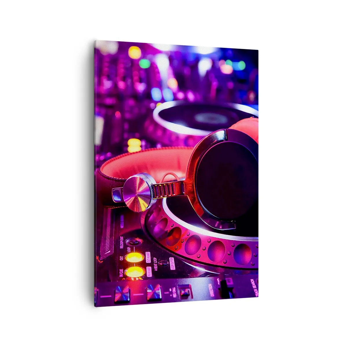 Quadro su tela - Stampe su Tela - Cuffie da DJ su una console con illuminazione al neon - 70x100cm - Prima che inizi la festa - Decorazione murale moderna per soggiorno e camera da letto ARTTOR