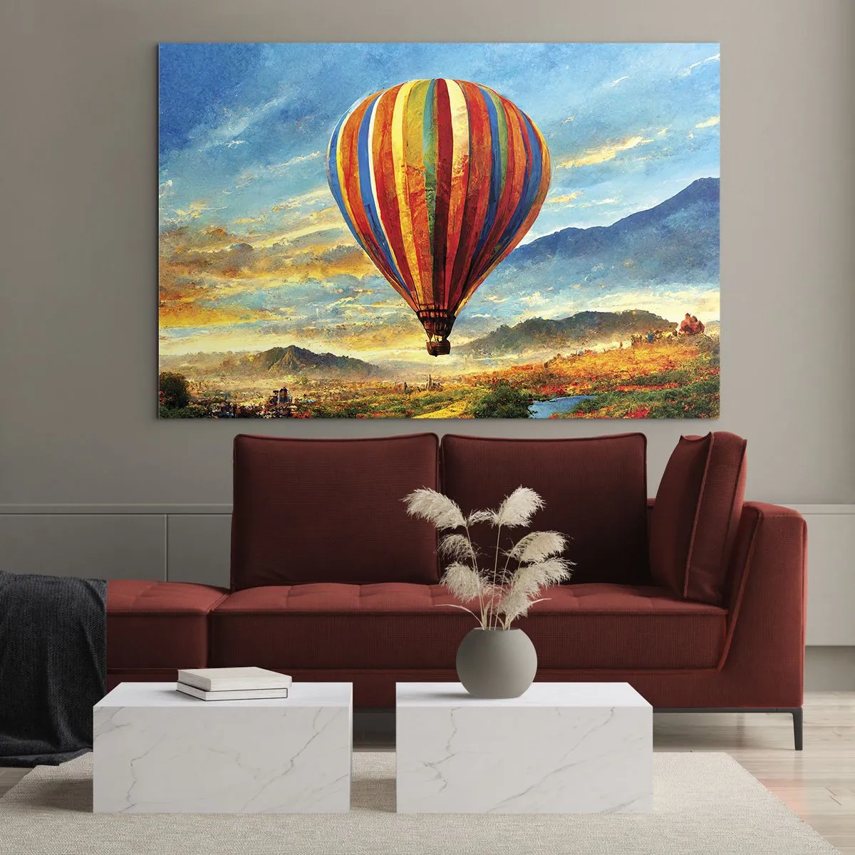 Quadro su vetro - Un palloncino colorato che fluttua sopra un paesaggio montano - 70x50cm - Nel silenzio si vede meglio - Decorazione murale moderna per soggiorno e camera da letto ARTTOR