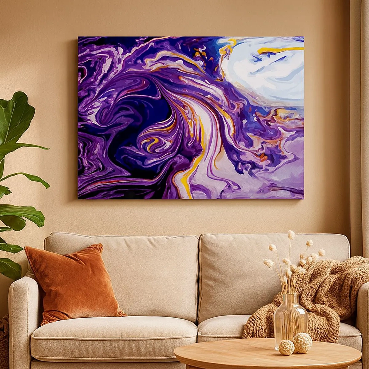 Quadro su tela - Stampe su Tela - Un motivo astratto dinamico nelle tonalità del viola e del giallo. - 70x50cm - Curvatura dello spazio in viola - Decorazione murale moderna per soggiorno e camera da letto ARTTOR