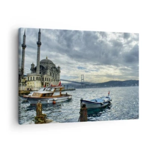 Quadro su tela - Stampe su Tela - Un edificio storico sull'acqua con barche e un ponte sullo sfondo - 70x50cm - Ai confini dei mondi - Decorazione murale moderna per soggiorno e camera da letto ARTTOR