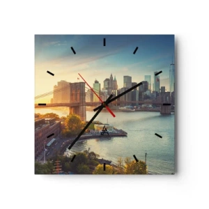 Orologio da parete - Orologio in Vetro - Panorama della città con il ponte al tramonto - 30x30cm - L'alba nella grande città - Decorazione murale moderna per soggiorno e camera da letto ARTTOR