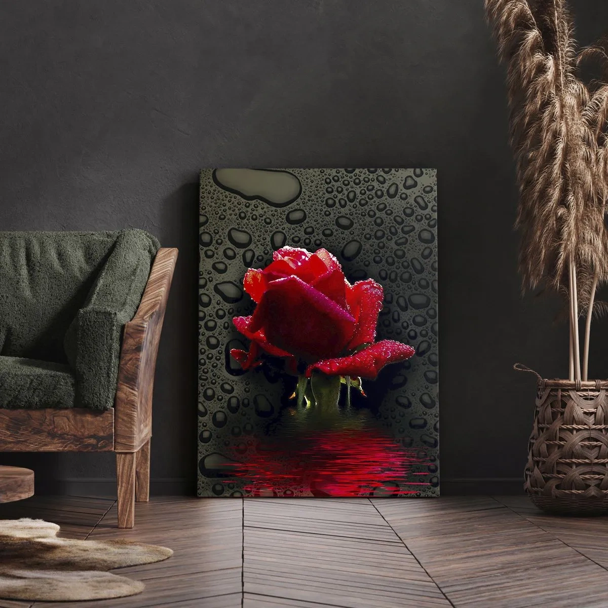 Quadro su tela - Stampe su Tela - Rosa rossa con gocce d'acqua su sfondo scuro - 50x70cm - Rosso e nero - Decorazione murale moderna per soggiorno e camera da letto ARTTOR