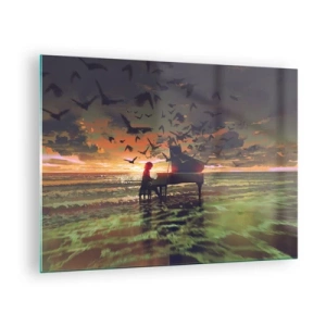 Quadro su vetro - Pianista che suona il pianoforte sulla spiaggia al tramonto - 70x50cm - Concerto per pianoforte e onde - Decorazione murale moderna per soggiorno e camera da letto ARTTOR