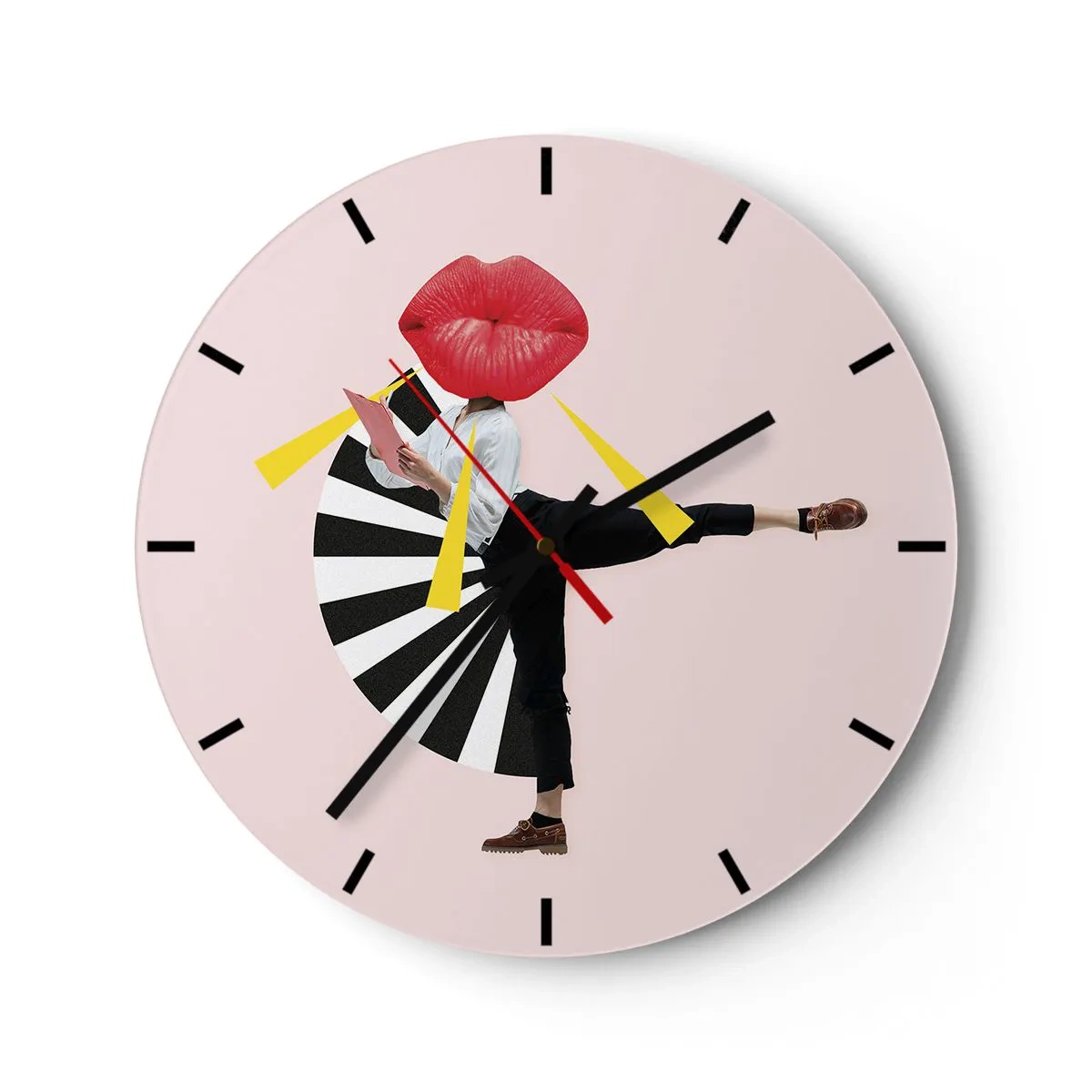 Orologio da parete - Orologio in Vetro - Una figura con una testa a forma di bocca in una composizione pop-art dinamica - 30x30cm - Pop-art surrealistica - Decorazione murale moderna per soggiorno, cucina e camera da letto ARTTOR