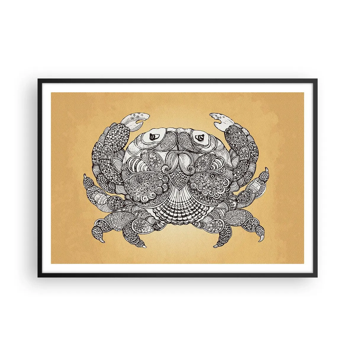 Poster in cornice nera - Disegno decorativo di un granchio su sfondo dorato - 100x70cm - I racconti del granchio - Decorazione murale moderna per soggiorno e camera da letto ARTTOR