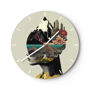 Orologio da parete - Orologio in Vetro - Ritratto artistico di una donna con un paesaggio e dei fiori nella testa - 30x30cm - La donna è sempre un mistero - Decorazione murale moderna per soggiorno, cucina e camera da letto ARTTOR