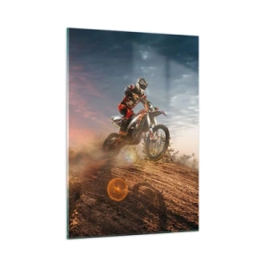 Quadro su vetro - Motociclista nel deserto in un ambiente dinamico - 50x70cm - Verso la vittoria - Decorazione murale moderna per soggiorno e camera da letto ARTTOR