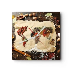 Orologio da parete - Orologio in Vetro - Una mappa del mondo fatta di spezie su uno sfondo di legno. - 30x30cm - Tutti i gusti del mondo - Decorazione murale moderna per soggiorno e camera da letto ARTTOR