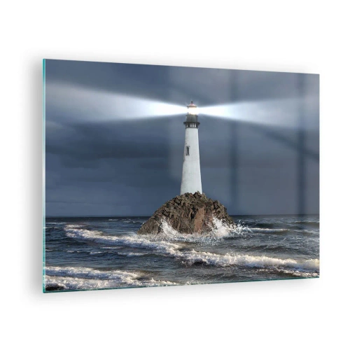 Quadro su vetro - Un faro su una roccia in mezzo alle onde agitate di notte - 70x50cm - Qui...qui... qui! - Decorazione murale moderna per soggiorno e camera da letto ARTTOR
