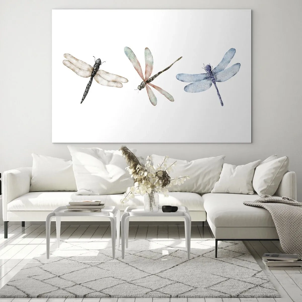 Quadro su vetro - Tre libellule colorate su sfondo bianco in un delicato stile acquerello - 70x50cm - Libellule senza peso - Decorazione murale moderna per soggiorno e camera da letto ARTTOR