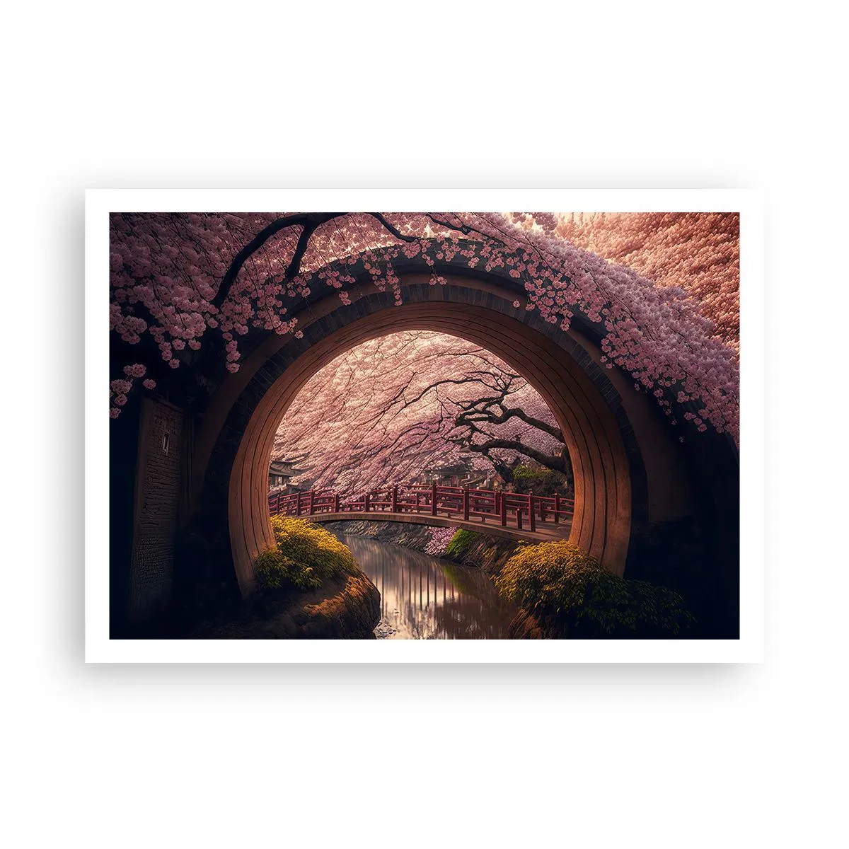 Poster - Un ponte tradizionale giapponese circondato da fiori di ciliegio - 100x70cm - Primavera giapponese - Decorazione murale moderna per soggiorno e camera da letto ARTTOR