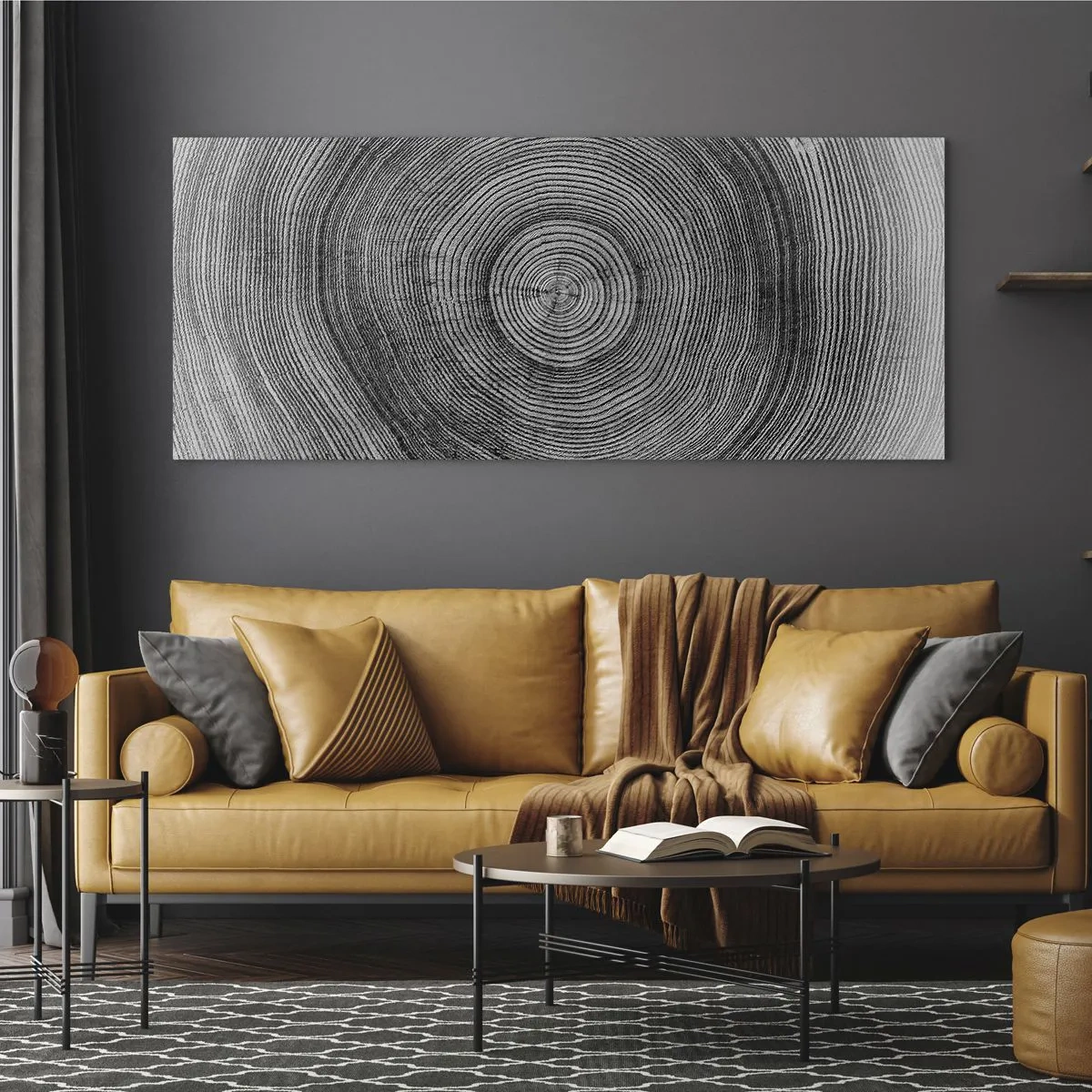 Quadro su vetro - Modello di anelli di un albero in bianco e nero che mostra una sezione trasversale del tronco - 140x50cm - I segni del tempo - Decorazione murale moderna per soggiorno e camera da letto ARTTOR