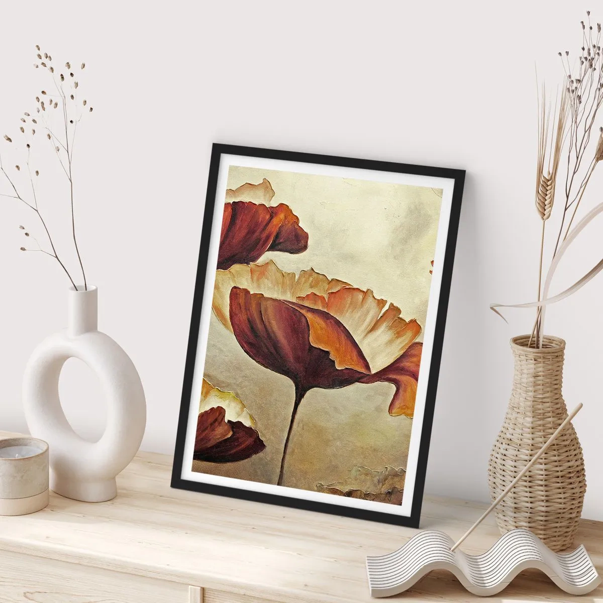 Poster in cornice nera - Un'immagine di papaveri in tonalità calde - 50x70cm - Nei prati e nei campi - Decorazione murale moderna per soggiorno e camera da letto ARTTOR