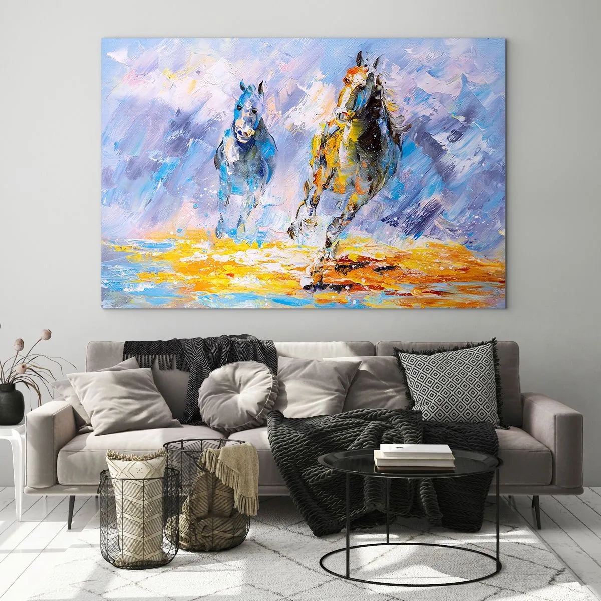 Quadro su vetro - Due cavalli al galoppo nell'acqua in stile artistico - 120x80cm - Al galoppo nella luce - Decorazione murale moderna per soggiorno e camera da letto ARTTOR