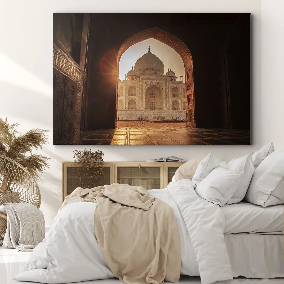 Quadro su tela - Stampe su Tela - Il Taj Mahal alla luce del sole visto dall'arco del cancello - 120x80cm - Monumento all'amore ultraterreno - Decorazione murale moderna per soggiorno e camera da letto ARTTOR