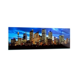 Quadro su vetro - Panorama della città notturna con grattacieli illuminati sull'acqua - 160x50cm - Notte di luci e colori - Decorazione murale moderna per soggiorno e camera da letto ARTTOR