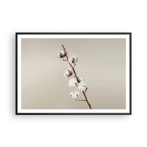 Poster in cornice nera - Un rametto di cotone su uno sfondo beige - 100x70cm - Alla fonte della morbidezza - Decorazione murale moderna per soggiorno e camera da letto ARTTOR