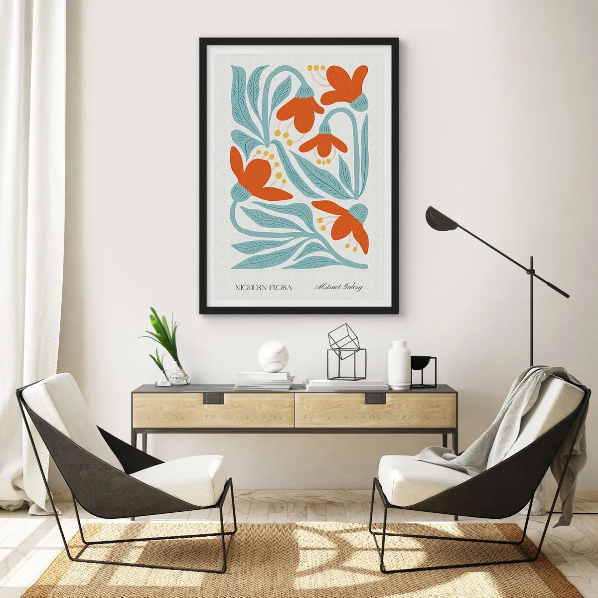 Poster in cornice nera - Fiori decorativi nei toni dell'arancione e del blu - 50x70cm - Verso la terra, verso il sole - Decorazione murale moderna per soggiorno e camera da letto ARTTOR