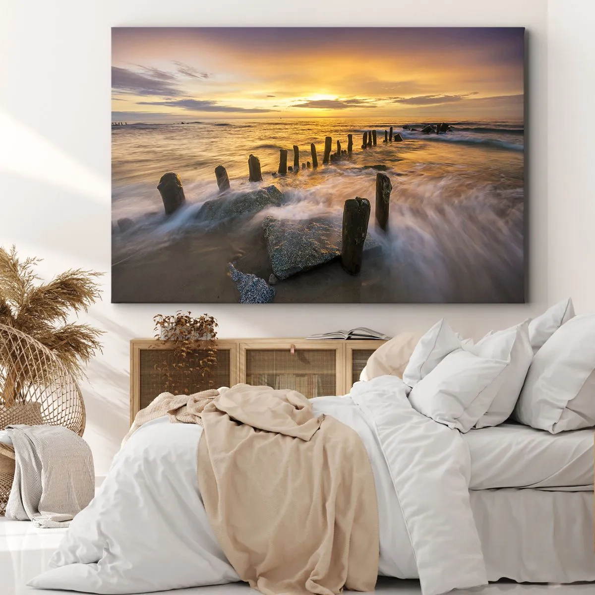Quadro su tela - Stampe su Tela - Tramonto sul mare con i resti di un vecchio molo - 120x80cm - La bellezza selvatica del Baltico - Decorazione murale moderna per soggiorno e camera da letto ARTTOR